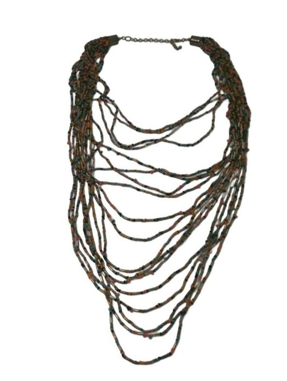 Vintage Multi Strand Seed Bead Layered Necklace, Orange Black Bohemian Waterfall